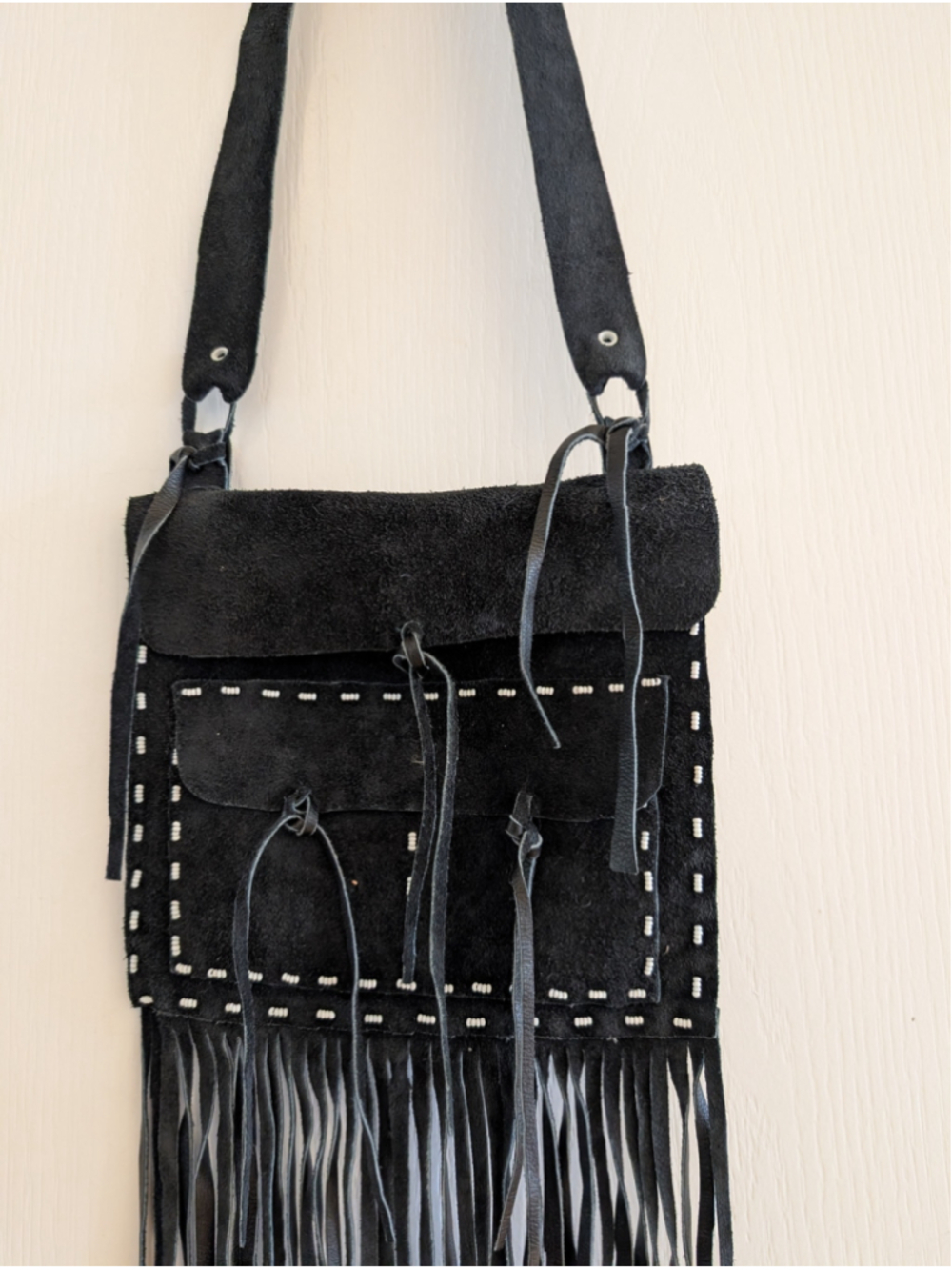 Women's Unbranded Black Suede Beaded Fringe Crossbody Bag, One Size
